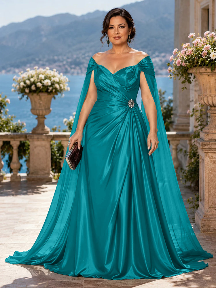 Satin A-Line Off the Shoulder Long Plus Size Mother of the Bride Dresses with Rhinestone