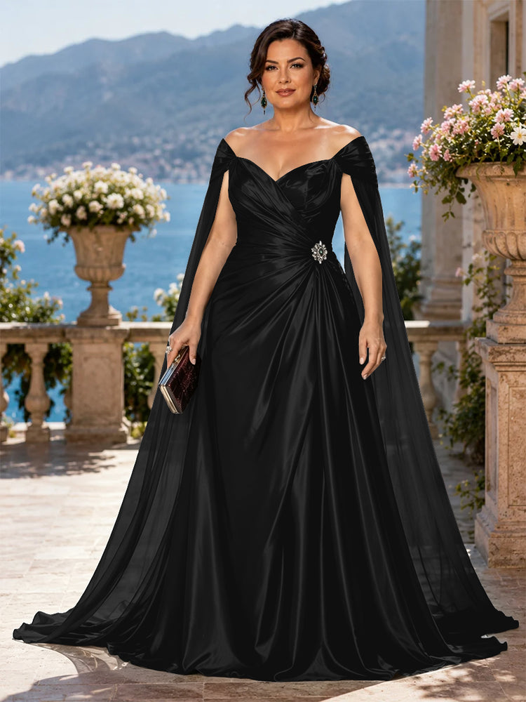Satin A-Line Off the Shoulder Long Plus Size Mother of the Bride Dresses with Rhinestone