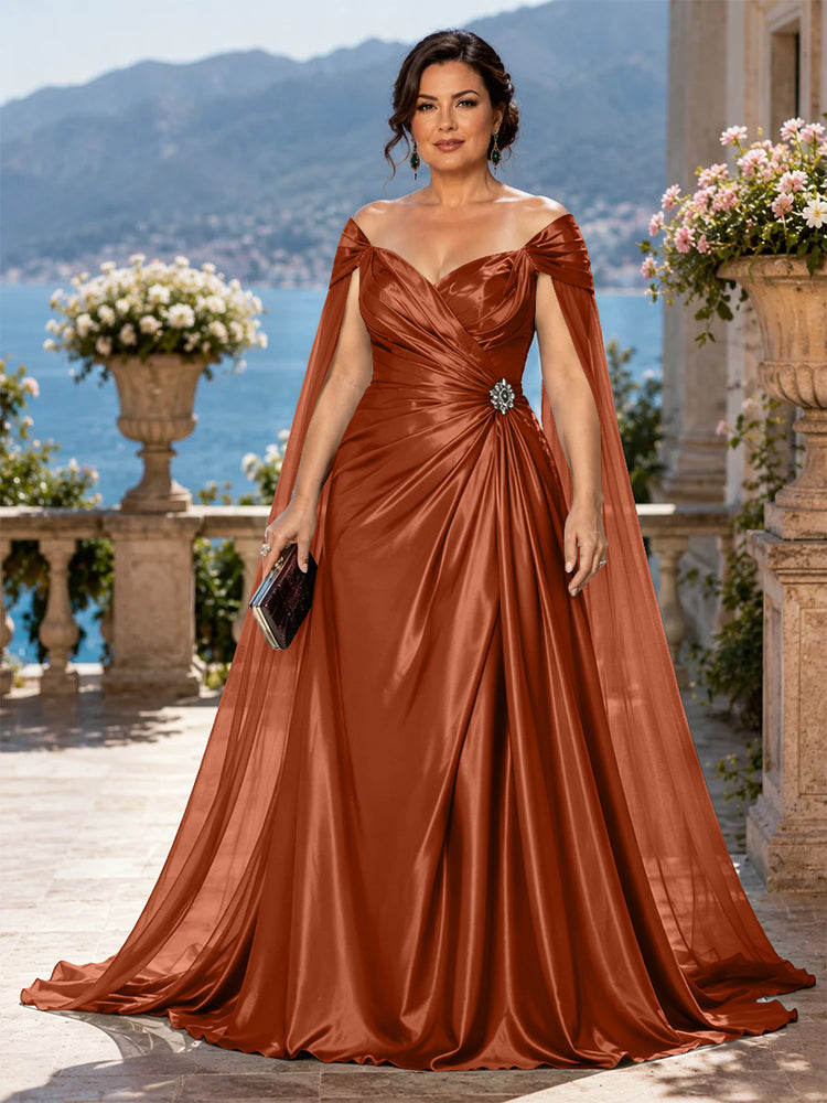 Satin A-Line Off the Shoulder Long Plus Size Mother of the Bride Dresses with Rhinestone
