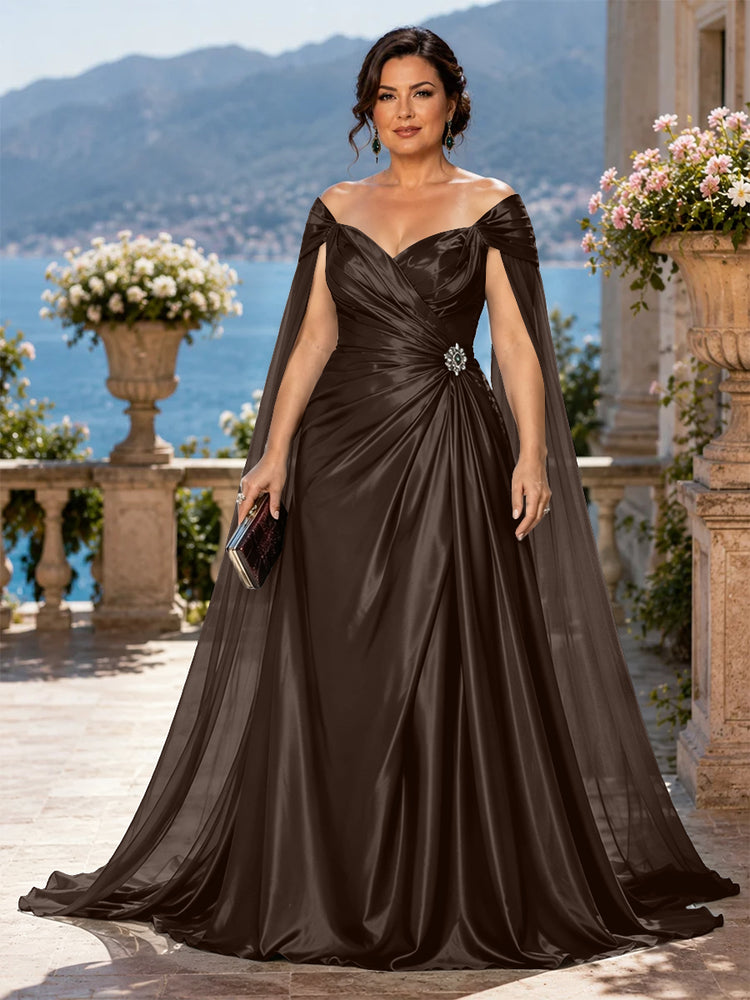Satin A-Line Off the Shoulder Long Plus Size Mother of the Bride Dresses with Rhinestone