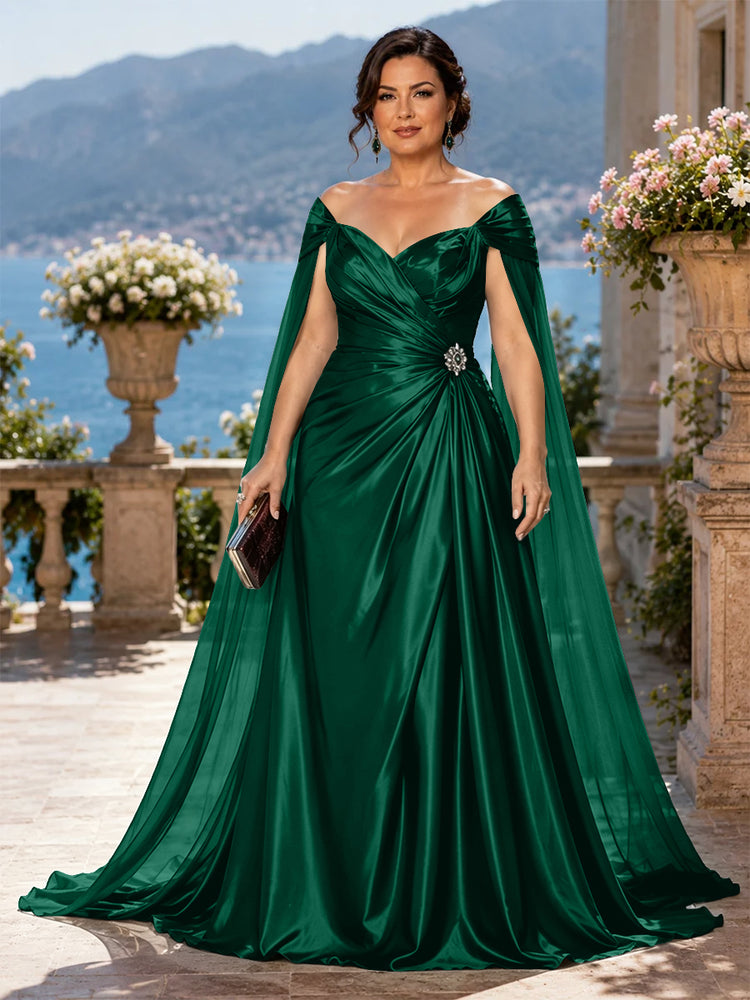 Satin A-Line Off the Shoulder Long Plus Size Mother of the Bride Dresses with Rhinestone