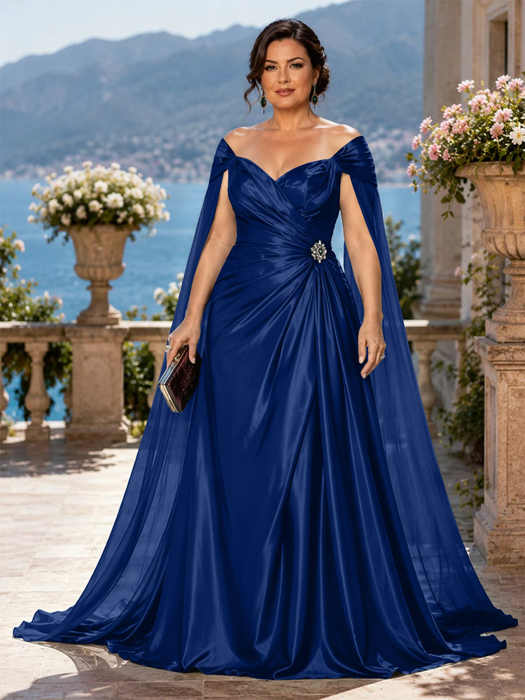 Satin A-Line Off the Shoulder Long Plus Size Mother of the Bride Dresses with Rhinestone