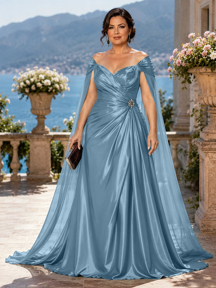 Satin A-Line Off the Shoulder Long Plus Size Mother of the Bride Dresses with Rhinestone