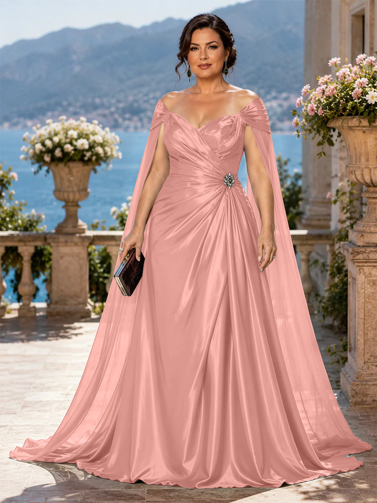 Satin A-Line Off the Shoulder Long Plus Size Mother of the Bride Dresses with Rhinestone