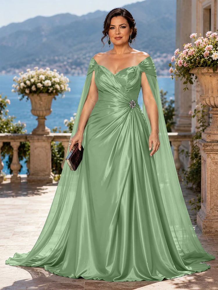 Satin A-Line Off the Shoulder Long Plus Size Mother of the Bride Dresses with Rhinestone