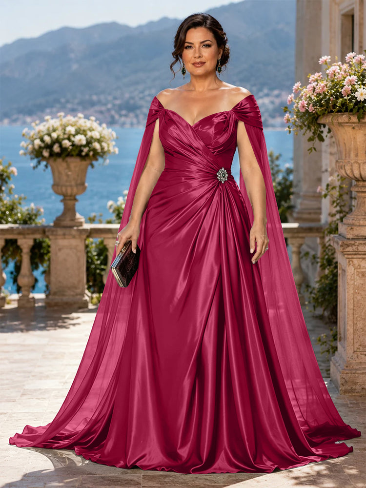 Satin A-Line Off the Shoulder Long Plus Size Mother of the Bride Dresses with Rhinestone