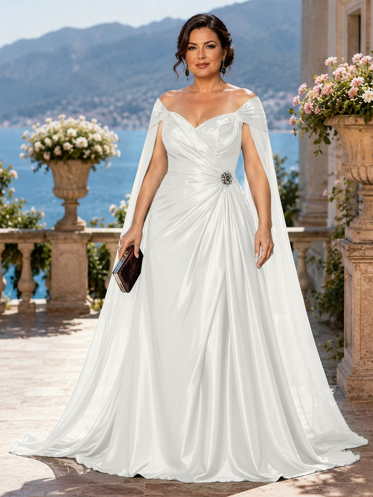 Satin A-Line Off the Shoulder Long Plus Size Mother of the Bride Dresses with Rhinestone
