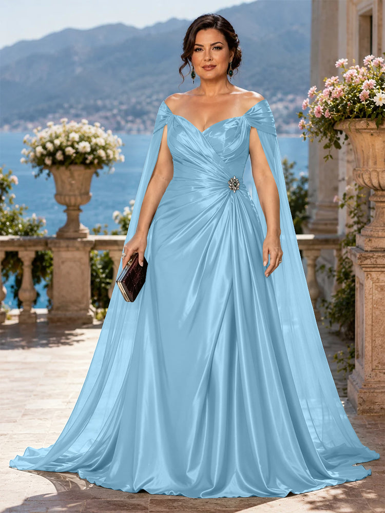 Satin A-Line Off the Shoulder Long Plus Size Mother of the Bride Dresses with Rhinestone