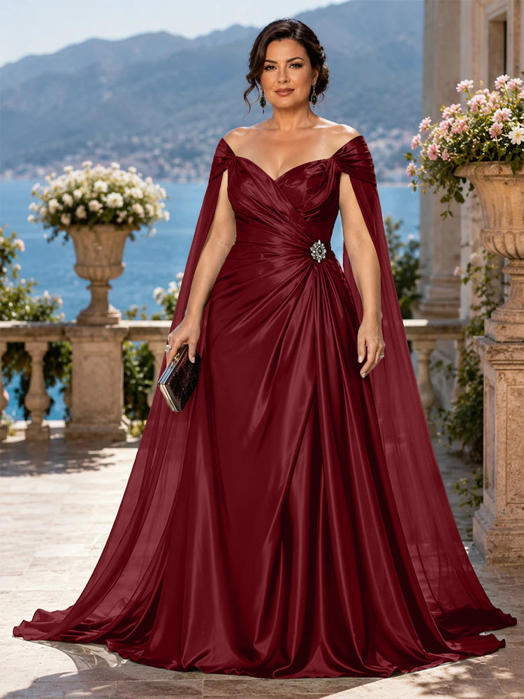 Satin A-Line Off the Shoulder Long Plus Size Mother of the Bride Dresses with Rhinestone