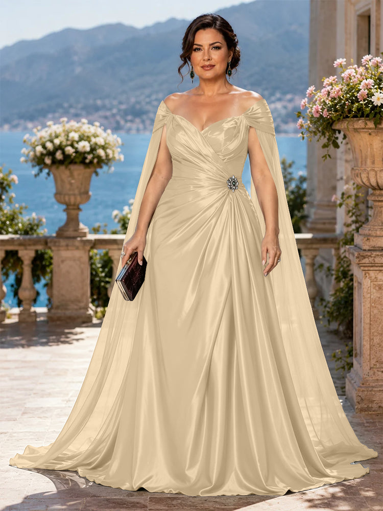 Satin A-Line Off the Shoulder Long Plus Size Mother of the Bride Dresses with Rhinestone