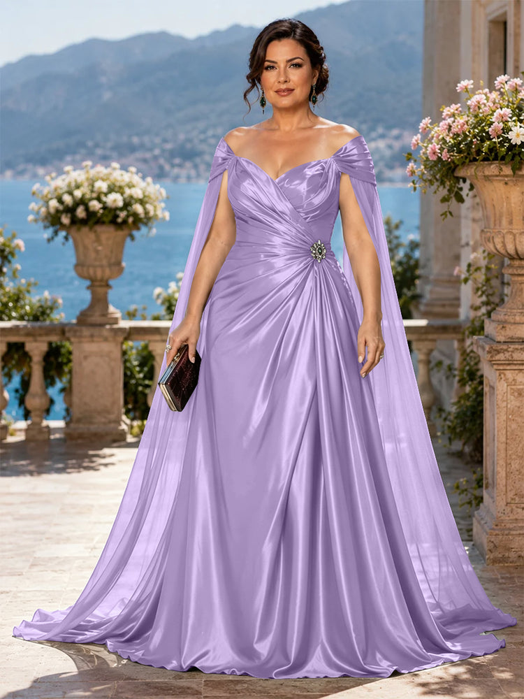 Satin A-Line Off the Shoulder Long Plus Size Mother of the Bride Dresses with Rhinestone