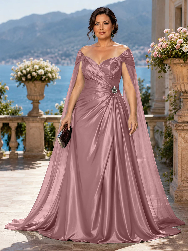 Satin A-Line Off the Shoulder Long Plus Size Mother of the Bride Dresses with Rhinestone