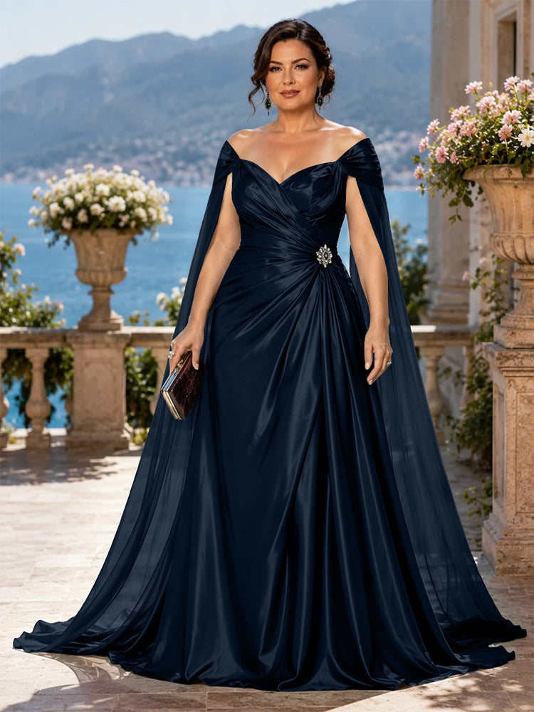 Satin A-Line Off the Shoulder Long Plus Size Mother of the Bride Dresses with Rhinestone