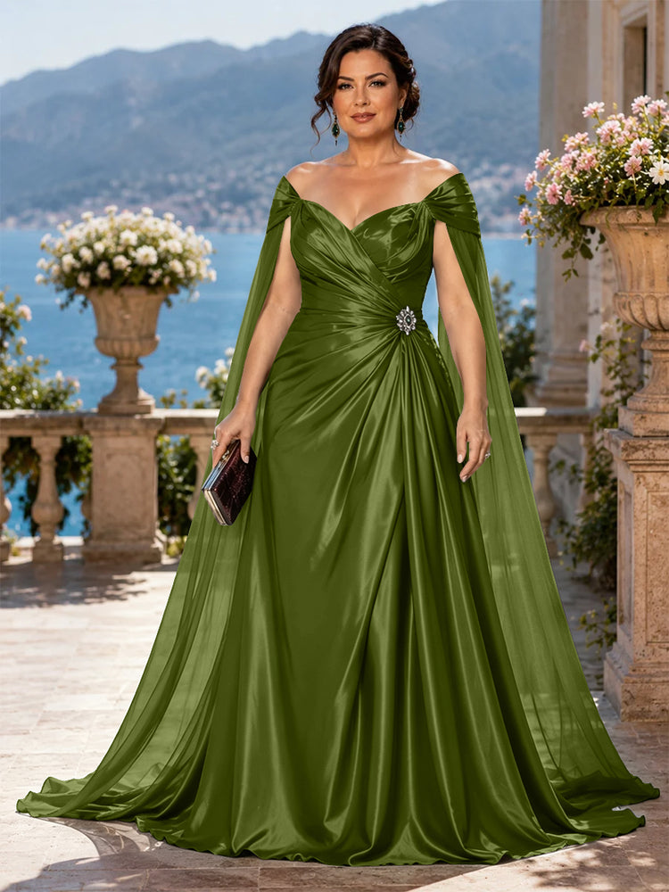 Satin A-Line Off the Shoulder Long Plus Size Mother of the Bride Dresses with Rhinestone