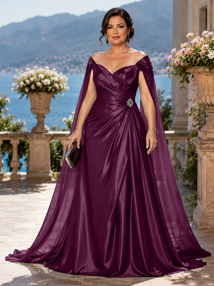 Satin A-Line Off the Shoulder Long Plus Size Mother of the Bride Dresses with Rhinestone