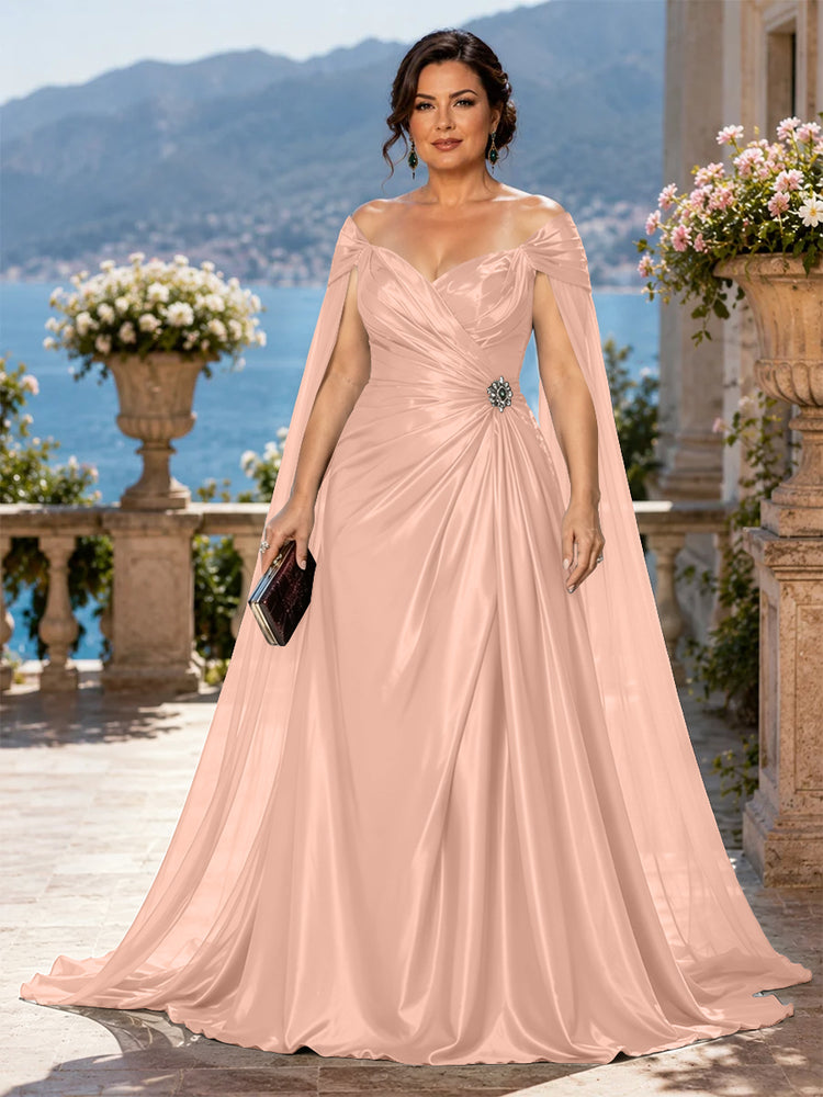 Satin A-Line Off the Shoulder Long Plus Size Mother of the Bride Dresses with Rhinestone