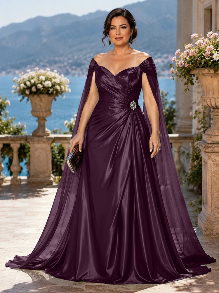 Satin A-Line Off the Shoulder Long Plus Size Mother of the Bride Dresses with Rhinestone