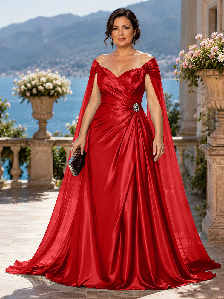 Satin A-Line Off the Shoulder Long Plus Size Mother of the Bride Dresses with Rhinestone