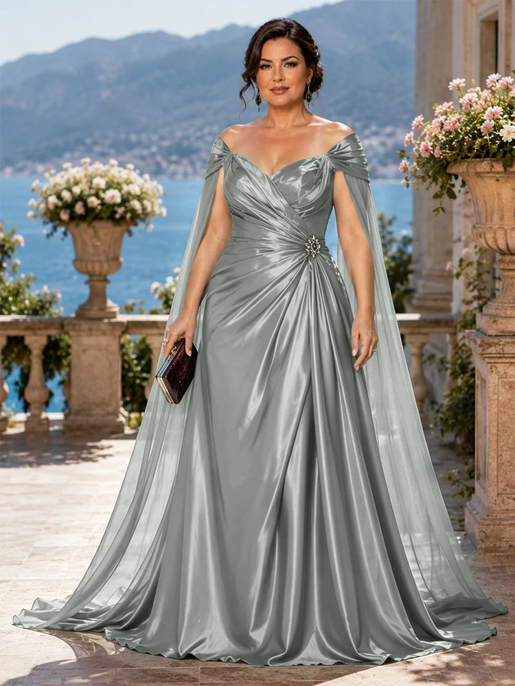 Satin A-Line Off the Shoulder Long Plus Size Mother of the Bride Dresses with Rhinestone