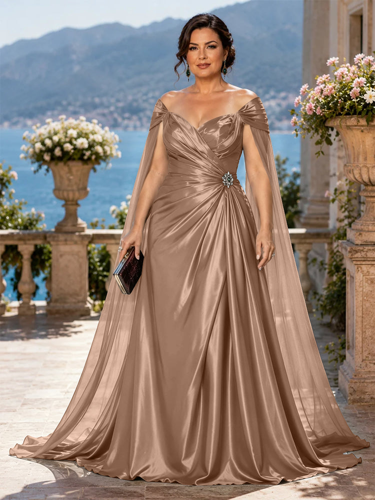 Satin A-Line Off the Shoulder Long Plus Size Mother of the Bride Dresses with Rhinestone