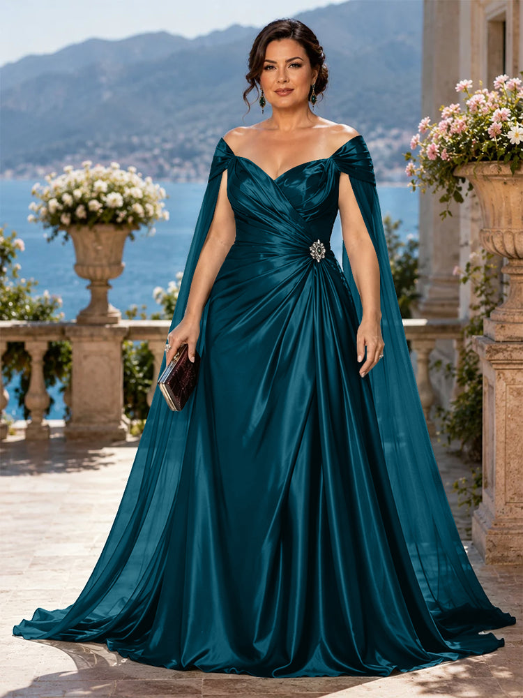 Satin A-Line Off the Shoulder Long Plus Size Mother of the Bride Dresses with Rhinestone