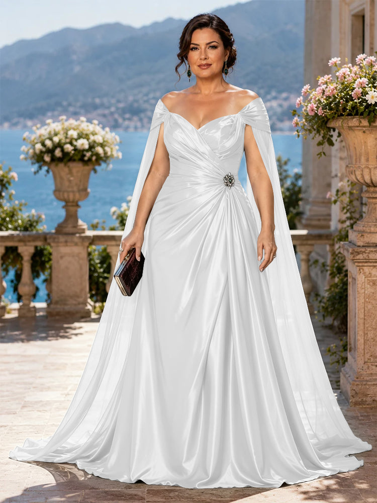 Satin A-Line Off the Shoulder Long Plus Size Mother of the Bride Dresses with Rhinestone