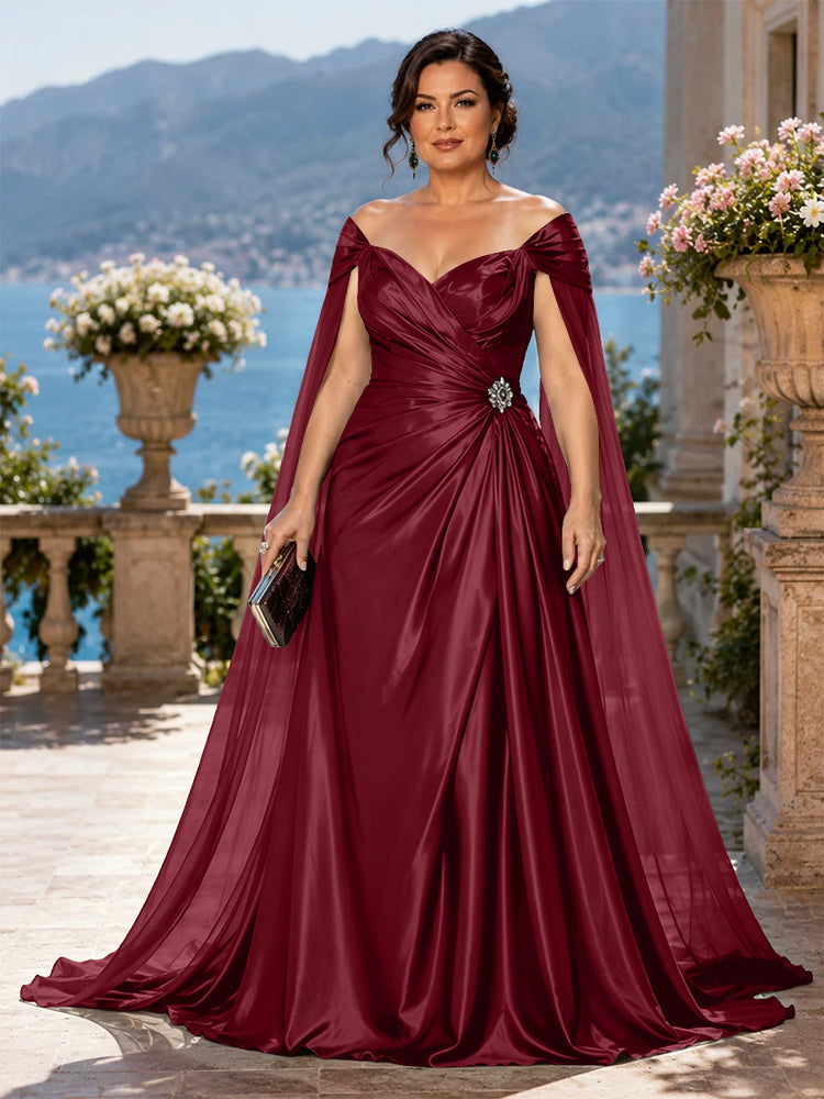 Satin A-Line Off the Shoulder Long Plus Size Mother of the Bride Dresses with Rhinestone