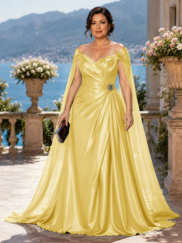 Satin A-Line Off the Shoulder Long Plus Size Mother of the Bride Dresses with Rhinestone