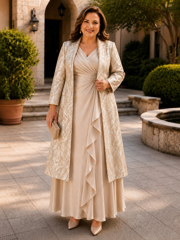 Jacquard A-Line V Neck Long Plus Size Mother of the Bride Dresses with Beadings