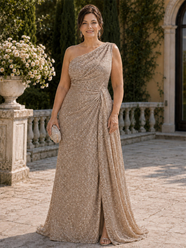 Sequin Mermaid One Shoulder Long Plus Size Mother of the Bride Dresses with Sash