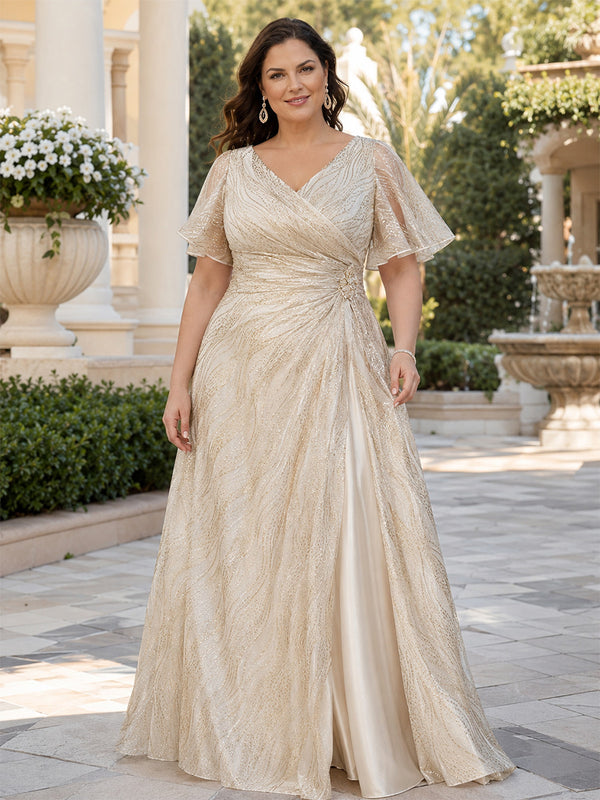 Jacquard A-Line V Neck Long Plus Size Mother of the Bride Dresses with Split Side
