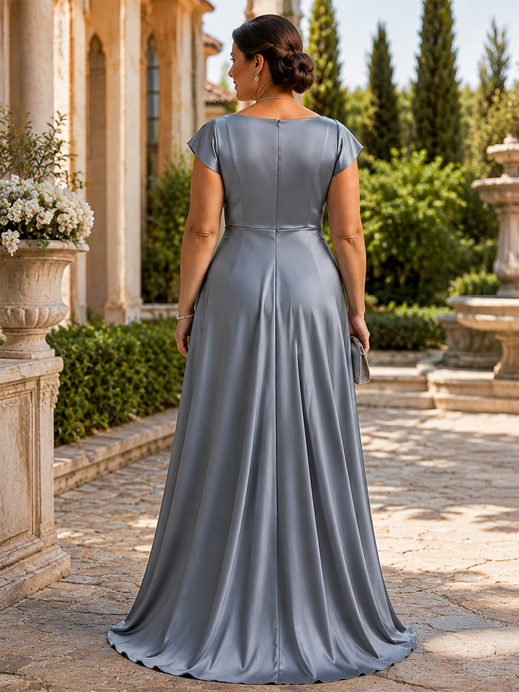 Satin A-Line Cowl Neck Long Plus Size Mother of the Bride Dresses with Rhinestone