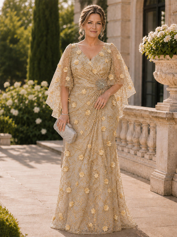 Tulle Mermaid V Neck Long Plus Size Mother of the Bride Dresses with 3D Flowers