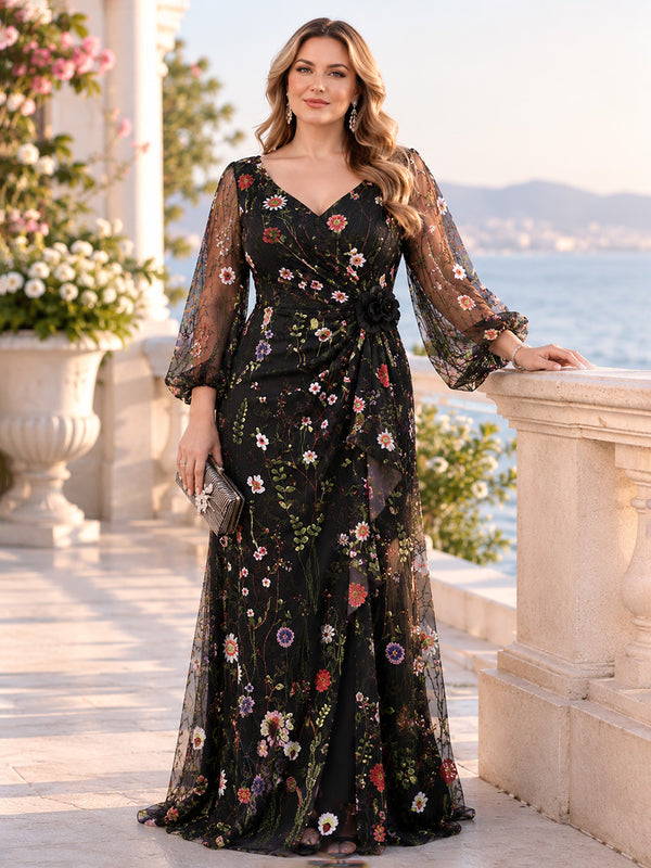 Tulle Mermaid V Neck Long Plus Size Mother of the Bride Dresses with Floral Embroidery