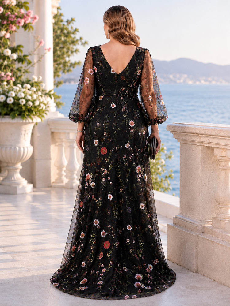 Tulle Mermaid V Neck Long Plus Size Mother of the Bride Dresses with Floral Embroidery
