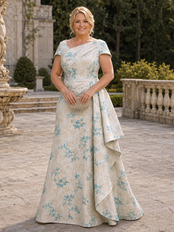 Jacquard A-Line Asymmetric Neck Long Plus Size Mother of the Bride Dresses with Ruffles