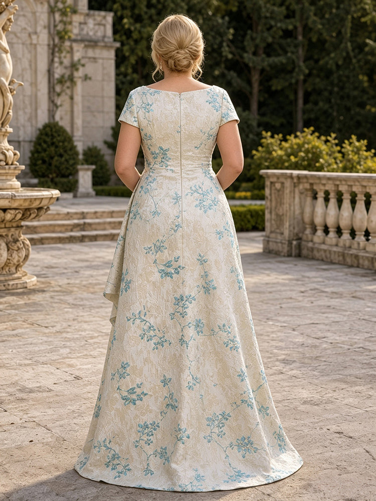 Jacquard A-Line Asymmetric Neck Long Plus Size Mother of the Bride Dresses with Ruffles