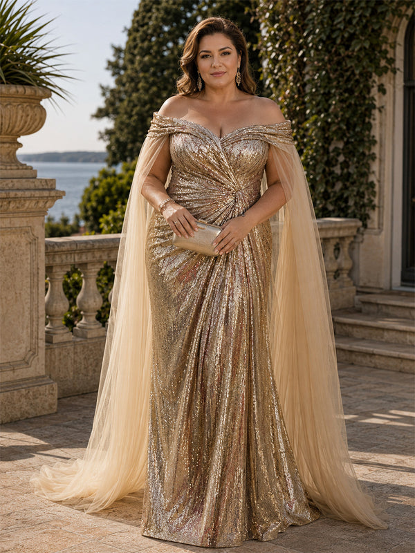 Sequin Mermaid Off the Shoulder Long Plus Size Mother of the Bride Dresses with Scarf