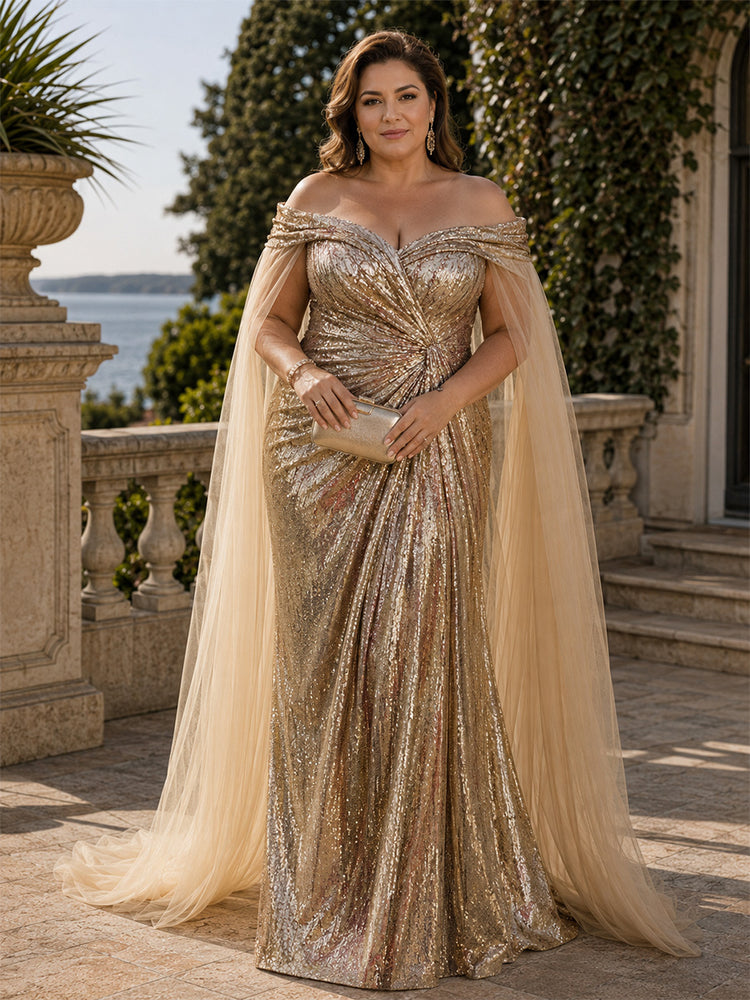 Sequin Mermaid Off the Shoulder Long Plus Size Mother of the Bride Dresses with Scarf