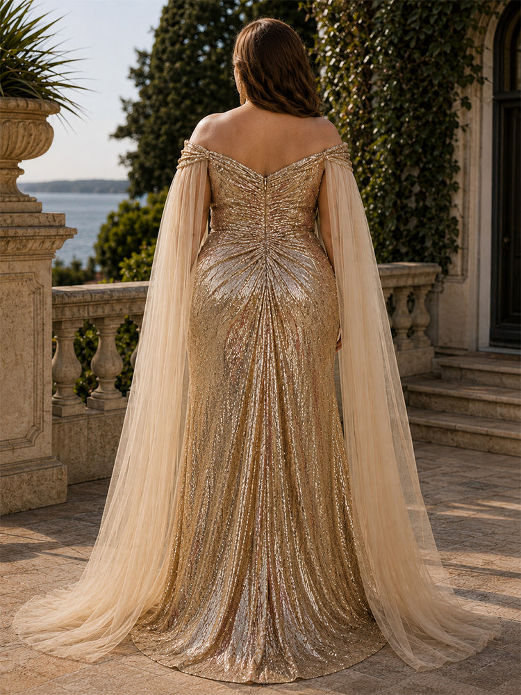 Sequin Mermaid Off the Shoulder Long Plus Size Mother of the Bride Dresses with Scarf