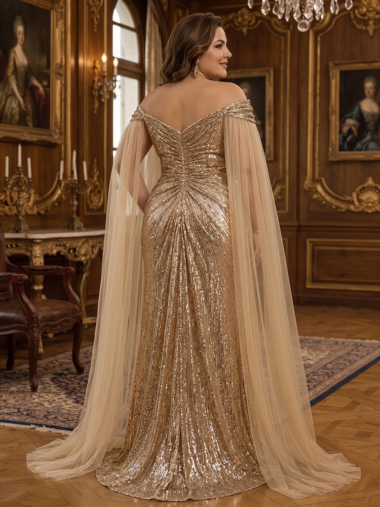 Sequin Mermaid Off the Shoulder Long Plus Size Mother of the Bride Dresses with Scarf