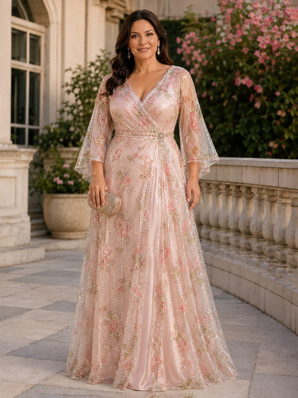 Sequin A-Line V Neck Long Plus Size Mother of the Bride Dresses with Rhinestone