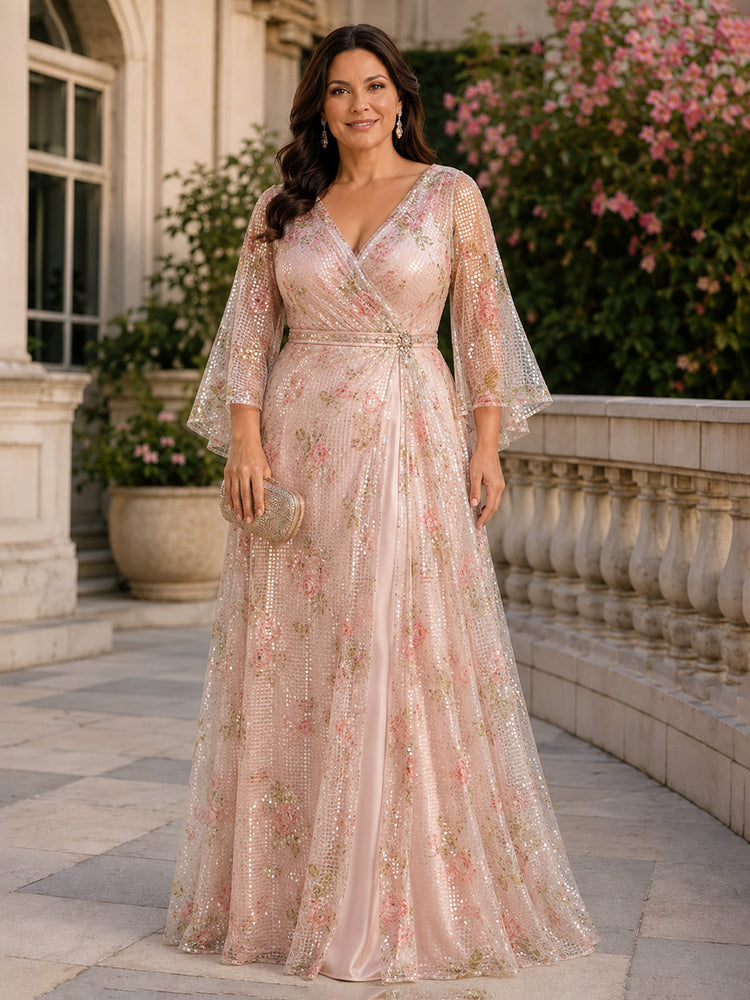 Sequin A-Line V Neck Long Plus Size Mother of the Bride Dresses with Rhinestone