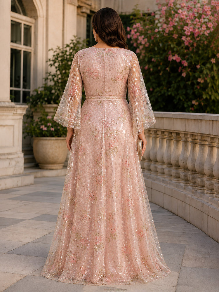 Sequin A-Line V Neck Long Plus Size Mother of the Bride Dresses with Rhinestone