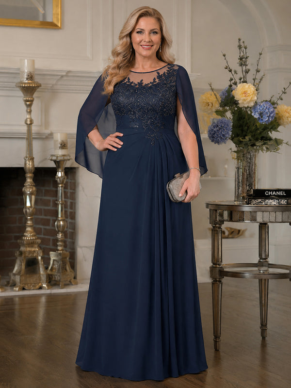 Chiffon A-Line Jewel Neck Long Plus Size Mother of the Bride Dresses with Lace Applique