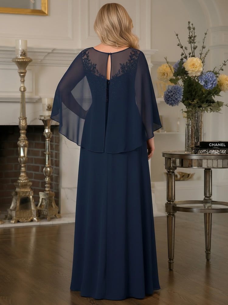 Chiffon A-Line Jewel Neck Long Plus Size Mother of the Bride Dresses with Lace Applique