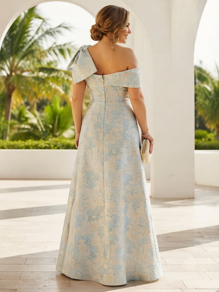 Jacquard A-Line Asymmetric Neck Long Plus Size Mother of the Bride Dresses with Bow