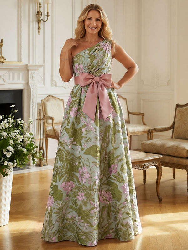 Jacquard A-Line One Shoulder Long Plus Size Mother of the Bride Dresses with Bow
