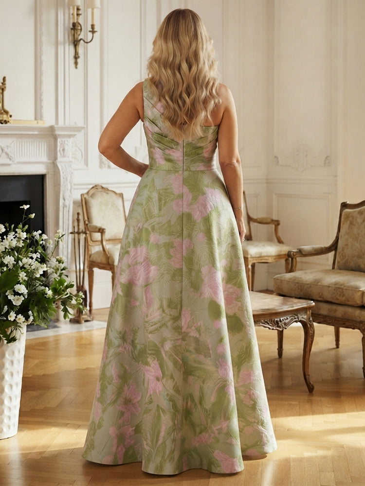 Jacquard A-Line One Shoulder Long Plus Size Mother of the Bride Dresses with Bow