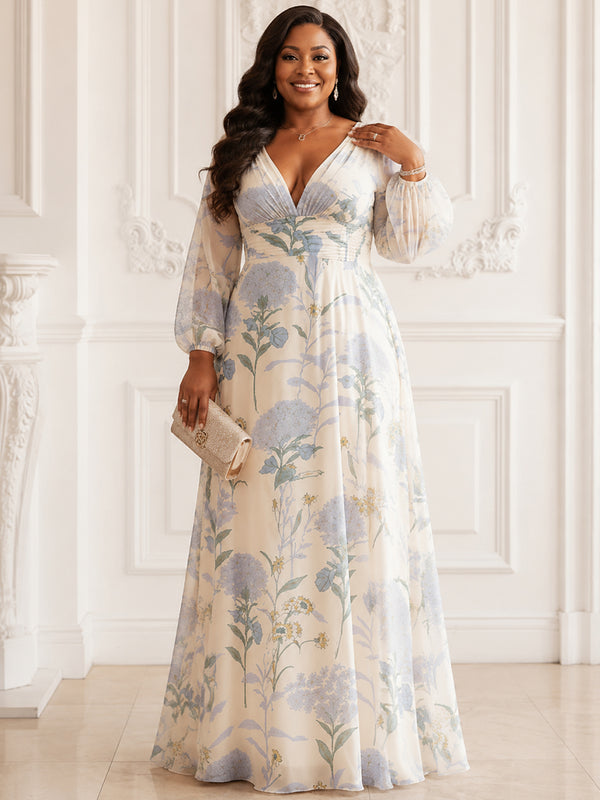 Chiffon Floral A-Line V Neck Long Plus Size Mother of the Bride Dresses with Pleats